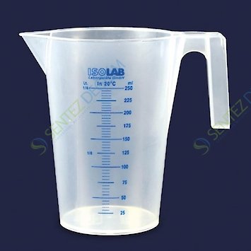 ISOLAB 026.04.250 Kulplu plastik beher P.P Kısa Form Mavi Skala 250 ml / 120 °C Sıcaklık Dayanımı / 1 Adet