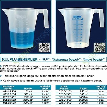 ISOLAB 026.02.901 Kulplu-plastik beher - P.P - Kısa Form - Kabartma Skala - 1000 ml / 120 °C Sıcaklık Dayanımı / 1 Adet