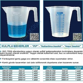 ISOLAB 026.02.500 Kulplu-plastik beher -P.P - Kısa Form - Kabartma Skala - 500 ml / 120 °C Sıcaklık Dayanımı / 1 Adet