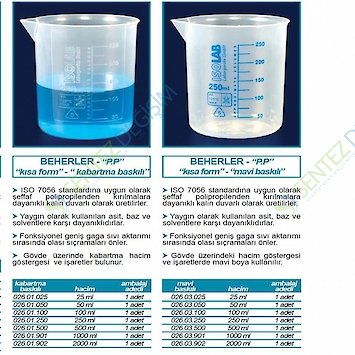 ISOLAB 026.01.025 Plastik Beher - P.P - Kısa Form - Kabartma Skala - 25 ml / 1 Adet